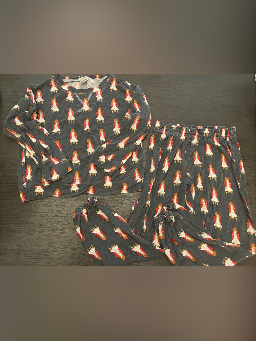 kate quinn Dark Gray Kids Pajama Set with Red and White Rocket Print